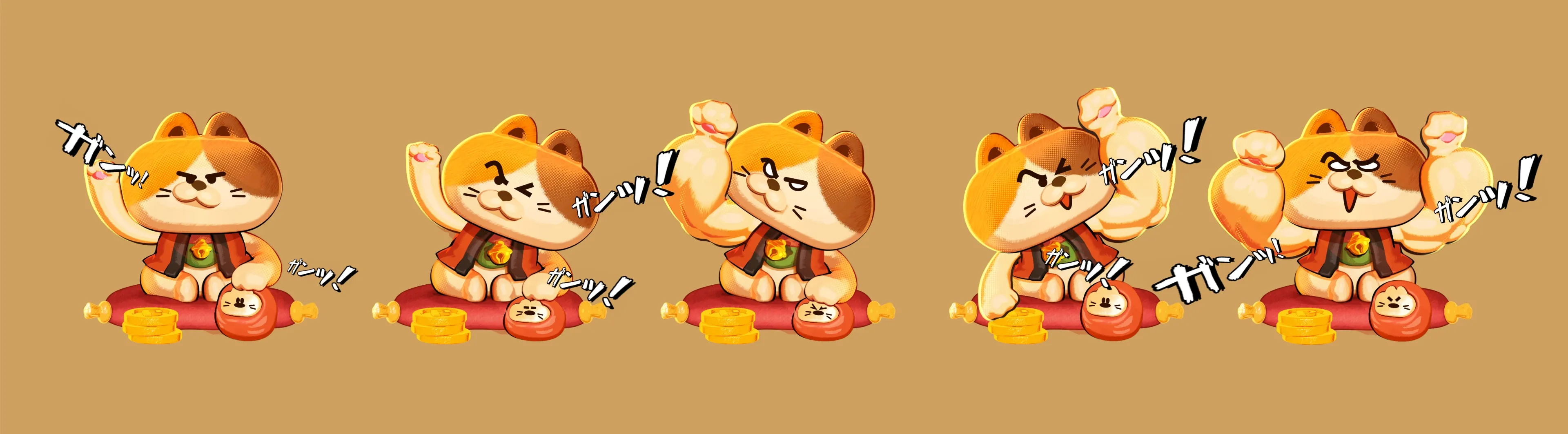 4 · Maneki-neko character evolution — five-frame muscle-building sequence